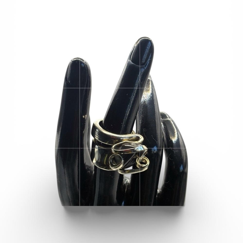 (167)Stylish Silver Plated Spoon Ring with Black Stone maybe Onyx with flowers.